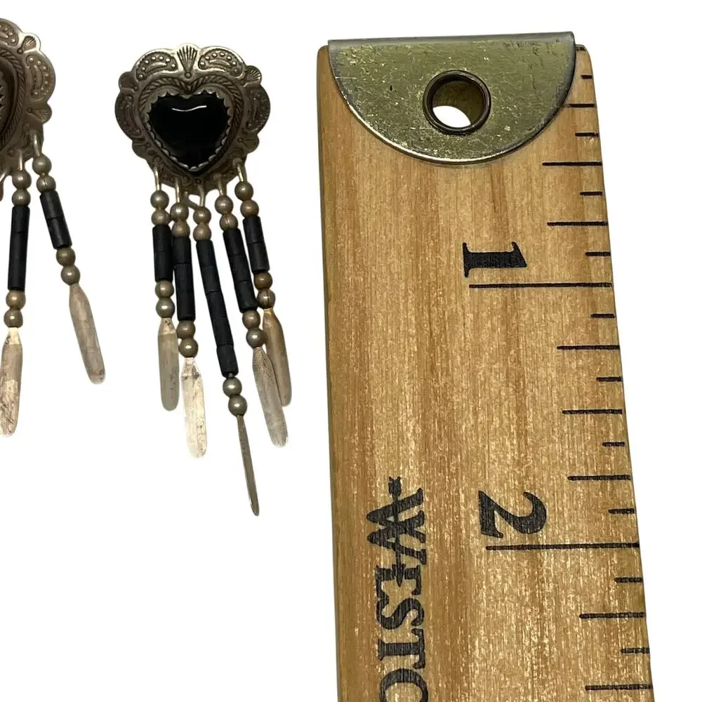 Vintage Q.T. Sterling Silver Onyx Heart Earrings Southwestern Dangle